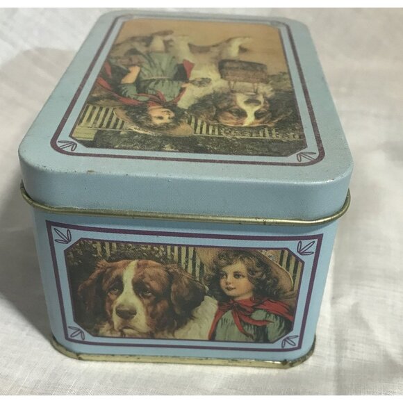 Vintage Tin Box With Girl & St. Bernard Dog Print Blue Trim Nostalgic 5" X 3 " - Picture 4 of 9